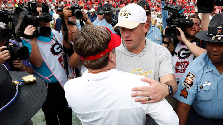 Georgia head coach Kirby Smart shakes hands with Georgia Tech head coach Brent Key after a NCAA college football game between Georgia Tech and Georgia in Athens, Ga., on Saturday, Nov. 26, 2022. Georgia won 37-14.

News Joshua L Jones