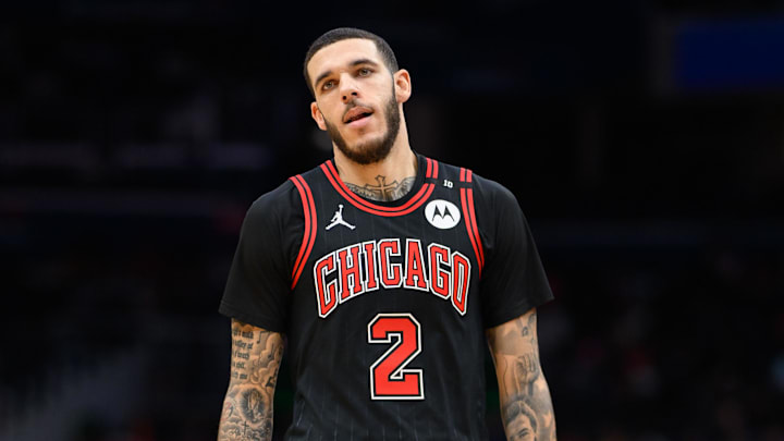 Jan 1, 2025; Washington, District of Columbia, USA; Chicago Bulls guard Lonzo Ball (2) looks on during the second quarter against the Washington Wizards at Capital One Arena. Mandatory Credit: Reggie Hildred-Imagn Images