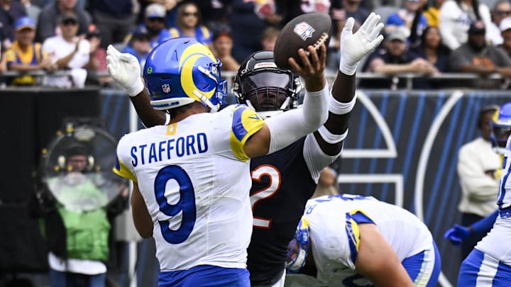 Sep 29, 2024; Chicago, Illinois, USA;  Chicago Bears defensive end Darrell Taylor (52) pressures Los Angeles Rams quarterback Matthew Stafford (9) at the end of the second half at Soldier Field. Mandatory Credit: Matt Marton-Imagn Images