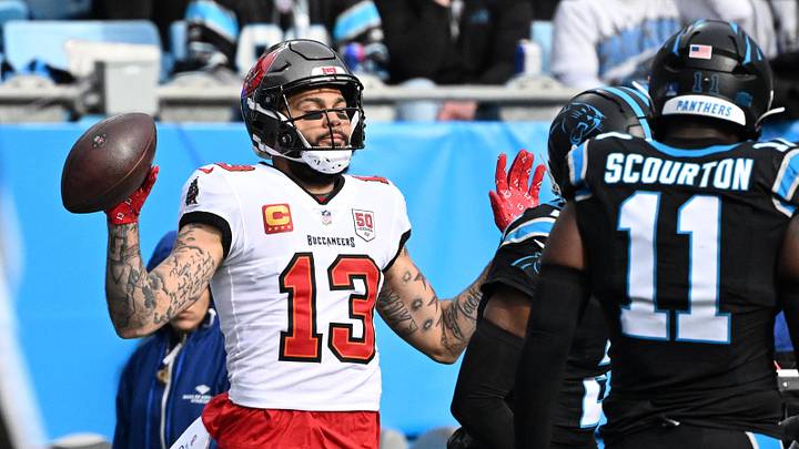 Dec 21, 2025; Charlotte, North Carolina, USA; Tampa Bay Buccaneers wide receiver Mike Evans (13) reacts after a touchdown during the first half against the Carolina Panthers at Bank of America Stadium. Mandatory Credit: Bob Donnan-Imagn Images