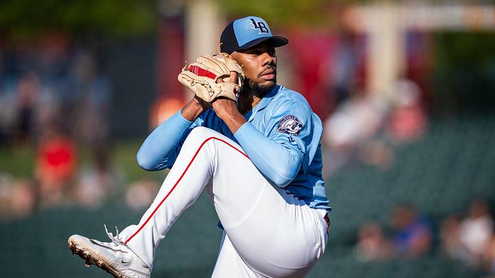 Louisville Bats rehab pitcher Hunter Greene delivers against the St. Paul Saints during a rehabilitation assignment at Louisville Slugger Field in Louisville, Ky., on June 23, 2026. Greene, a starting pitcher for the Cincinnati Reds, is working his way back after elbow surgery in March.