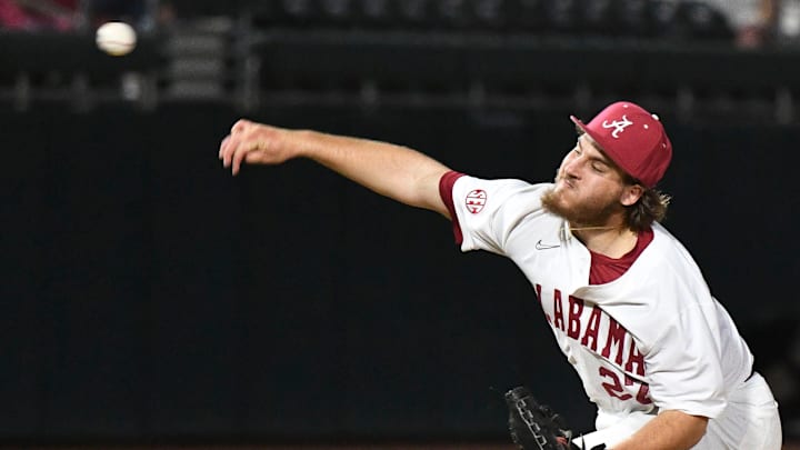 Mar 15, 2024; Tuscaloosa, Alabama, USA; Alabama starting pitcher Ben Hess makes a pitch against Tennessee at Sewell-Thomas Stadium in the first game of the SEC season for both teams.