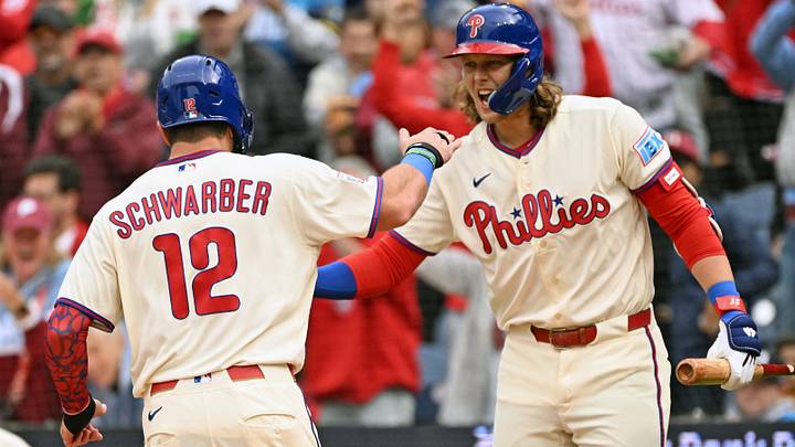Sep 27, 2026; Philadelphia, Pennsylvania, USA; Philadelphia Phillies designated hitter Kyle Schwarber (12) celebrates with third baseman Alec Bohm (28) after scoring a run during the first inning at Citizens Bank Park. Mandatory Credit: Eric Hartline-Imagn Images Sep 27, 2026; Philadelphia, Pennsylvania, USA; Philadelphia Phillies designated hitter Kyle Schwarber (12) celebrates with third baseman Alec Bohm (28) after scoring a run during the first inning at Citizens Bank Park. Mandatory Credit: Eric Hartline-Imagn Images