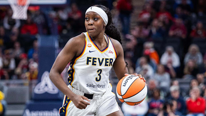 Apr 30, 2026; Indianapolis, IN, USA; Indiana Fever guard Raven Johnson (3) dribbles the ball  in the second half against the Dallas Wings at the Gainbridge Fieldhouse. Mandatory Credit: Trevor Ruszkowski-Imagn Images