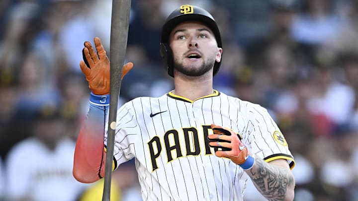 Jul 7, 2025; San Diego, California, USA; San Diego Padres center fielder Jackson Merrill (3) reacts after striking out during the first inning against the Arizona Diamondbacks at Petco Park. Mandatory Credit: Denis Poroy-Imagn Images