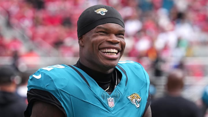 Sep 28, 2025; Santa Clara, California, USA; Jacksonville Jaguars wide receiver Travis Hunter (12) before the game against the San Francisco 49ers at Levi's Stadium. Mandatory Credit: Darren Yamashita-Imagn Images