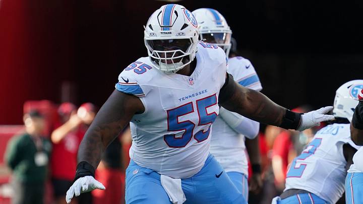 Aug 13, 2026; Santa Clara, California, USA;  Tennessee Titans offensive tackle JC Latham (55) blocks against the San Francisco 49ers in the first quarter at Levi's Stadium. Mandatory Credit: David Gonzales-Imagn Images
