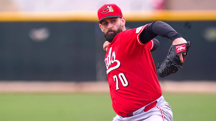 Cincinnati Reds pitcher Tejay Antone (70) throws during practice, Wednesday, Feb. 18, 2026, at the Cincinnati Reds player development complex in Goodyear, Ariz.