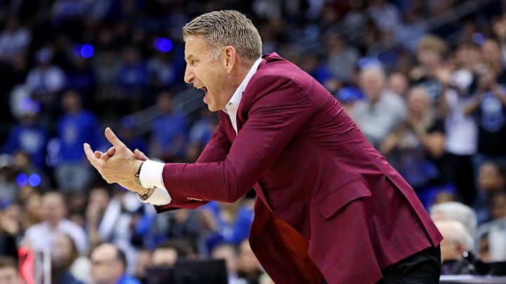 Mar 29, 2025; Newark, NJ, USA; Alabama Crimson Tide head coach Nate Oats calls to his team during the first half against the Duke Blue Devils in the East Regional final of the 2025 NCAA tournament at Prudential Center. Mandatory Credit: Vincent Carchietta-Imagn Images