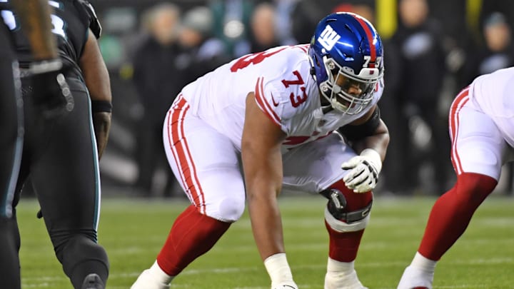 Jan 8, 2023; Philadelphia, Pennsylvania, USA; New York Giants offensive tackle Evan Neal (73)