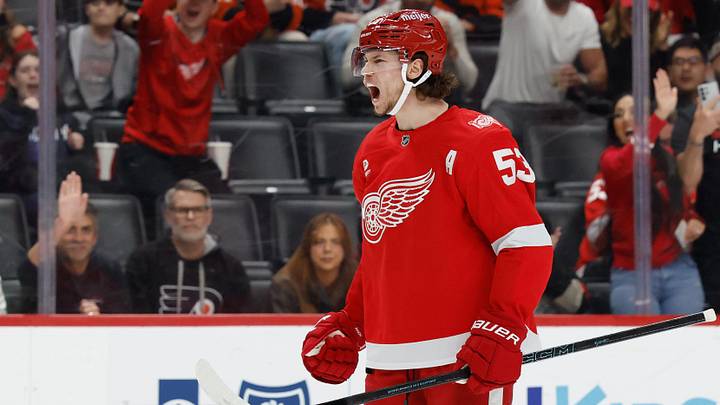 Mar 28, 2026; Detroit, Michigan, USA;  Detroit Red Wings defenseman Moritz Seider (53) celebrates after scoring in the second period against the Philadelphia Flyers at Little Caesars Arena. Mandatory Credit: Rick Osentoski-Imagn Images