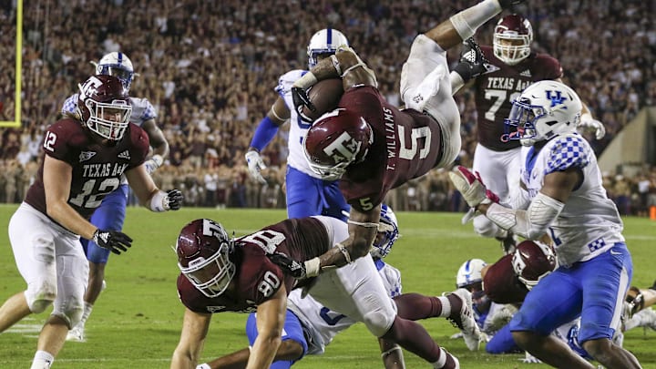 Texas A&M Aggies running back Trayveon Williams (5) crosses the goal for a game winning touchdown in overtime against the Kentucky Wildcats at Kyle Field.