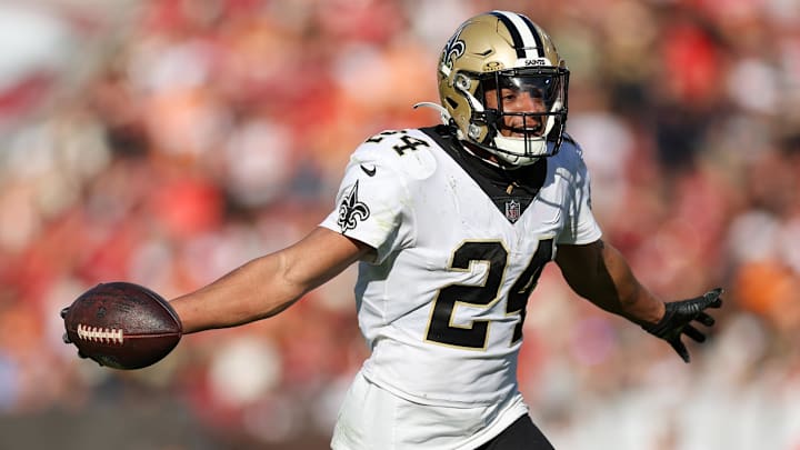 Dec 31, 2023; Tampa, Florida, USA;  New Orleans Saints safety Johnathan Abram (24) celebrates after