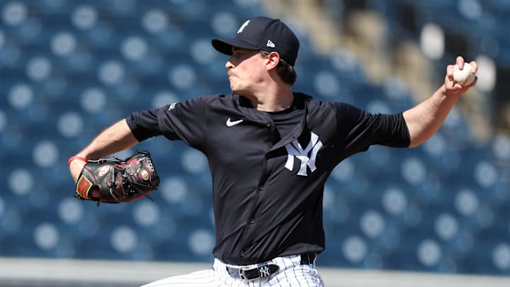 Feb 15, 2025; Tampa, FL, USA; New York Yankees pitcher Max Fried (54) participates in spring training workouts at George M. Steinbrenner Field. 