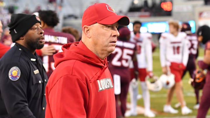 Nov 1, 2025; Blacksburg, Virginia, USA; Louisville Cardinals head coach Jeff Brohm after the game with the Virginia Tech Hokies at Lane Stadium. Mandatory Credit: Brian Bishop-Imagn Images Nov 1, 2025; Blacksburg, Virginia, USA; Louisville Cardinals head coach Jeff Brohm after the game with the Virginia Tech Hokies at Lane Stadium. Mandatory Credit: Brian Bishop-Imagn Images