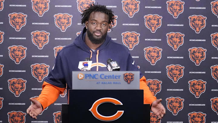 May 10, 2025; Lake Forest, IL, USA; Chicago Bears linebacker Ruben Hyppolite III answers questions after rookie minicamp at Halas Hall. Mandatory Credit: David Banks-Imagn Images
