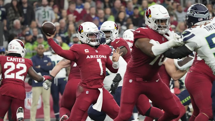 Arizona Cardinals quarterback Kyler Murray (1) throws a pass against the Seattle Seahawks during the second quarter at State Farm Stadium in Glendale on Jan. 7, 2024. Arizona Cardinals quarterback Kyler Murray (1) throws a pass against the Seattle Seahawks during the second quarter at State Farm Stadium in Glendale on Jan. 7, 2024.