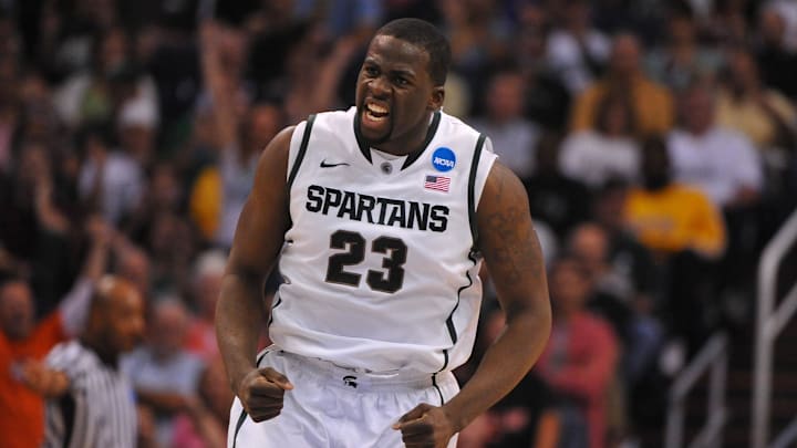 March 22, 2012; Phoenix, AZ, USA; Michigan State Spartans forward Draymond Green (23) reacts after a play during the first half in the semifinals of the west region of the 2012 NCAA men's basketball tournament against the Louisville Cardinals at US Airways Center. Mandatory Credit: Christopher Hanewickel-Imagn Images March 22, 2012; Phoenix, AZ, USA; Michigan State Spartans forward Draymond Green (23) reacts after a play during the first half in the semifinals of the west region of the 2012 NCAA men's basketball tournament against the Louisville Cardinals at US Airways Center. Mandatory Credit: Christopher Hanewickel-Imagn Images