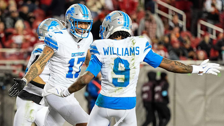 Detroit Lions wide receiver Jameson Williams (9) celebrates team scoring a two point conversion against 49ers Detroit Lions wide receiver Jameson Williams (9) celebrates team scoring a two point conversion against 49ers