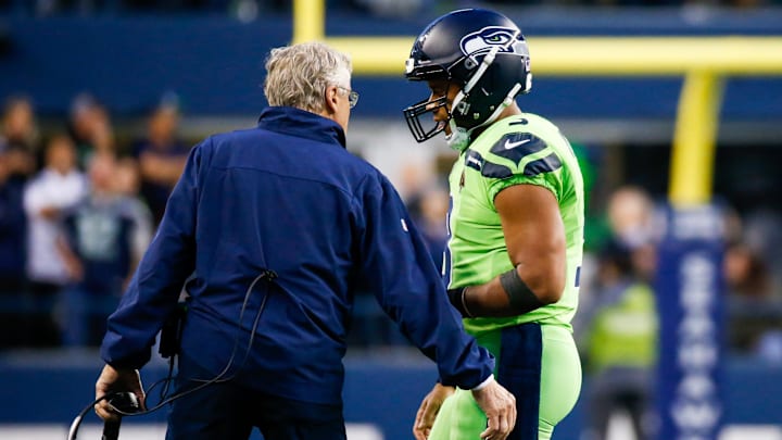 Oct 7, 2021; Seattle, Washington, USA; Seattle Seahawks quarterback Russell Wilson (3) talks with head coach Pete Carroll during a second quarter timeout against the Los Angeles Rams at Lumen Field. Mandatory Credit: Joe Nicholson-Imagn Images Oct 7, 2021; Seattle, Washington, USA; Seattle Seahawks quarterback Russell Wilson (3) talks with head coach Pete Carroll during a second quarter timeout against the Los Angeles Rams at Lumen Field. Mandatory Credit: Joe Nicholson-Imagn Images