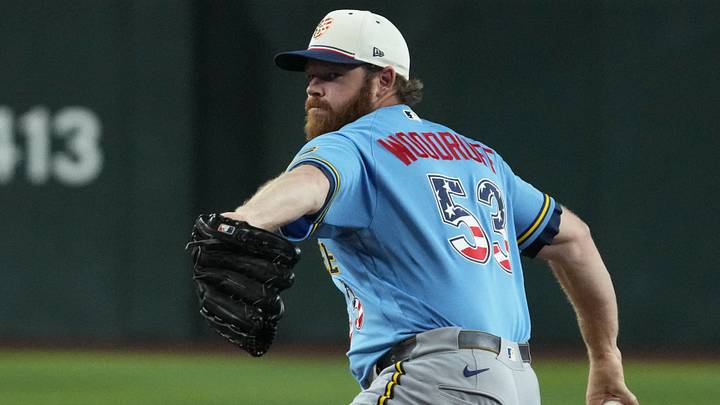 Jul 4, 2026; Phoenix, Arizona, USA; Milwaukee Brewers pitcher Brandon Woodruff (53) throws against the Arizona Diamondbacks in the first inning at Chase Field. Mandatory Credit: Rick Scuteri-Imagn Images