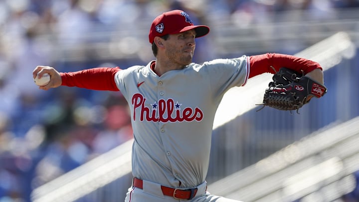 Mar 4, 2024; Dunedin, Florida, USA;  Philadelphia Phillies pitcher Griff McGarry (71) throws a pitch against the Toronto Blue Jays in the fifth inning at TD Ballpark.