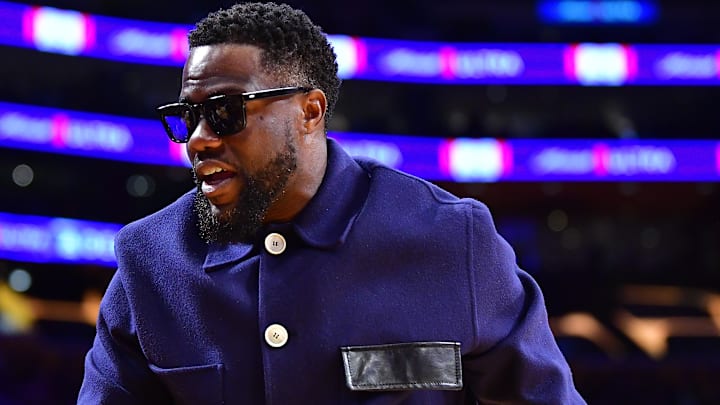 May 6, 2023; Los Angeles, California, USA; Film actor Kevin Hart in attendance as the Los Angeles Lakers play against the Golden State Warriors during the second half in game three of the 2023 NBA playoffs at Crypto.com Arena. Mandatory Credit: Gary A. Vasquez-Imagn Images