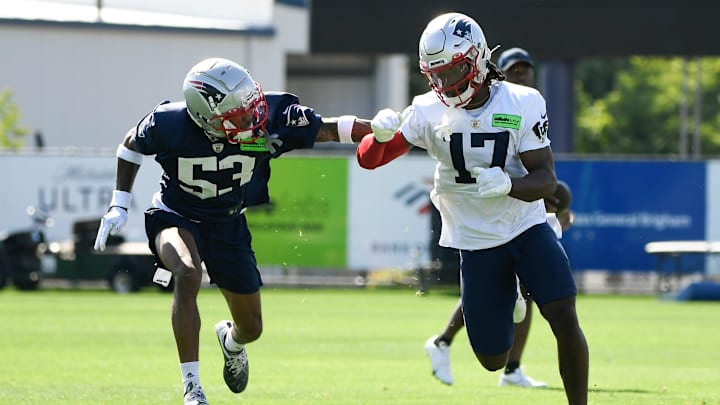 Jul 30, 2022; Foxborough, MA, USA; New England Patriots defensive back Jack Jones (53) covers wide receiver Kristian Wilkerson (17) at the Patriots training camp at Gillette Stadium. Mandatory Credit: Eric Canha-Imagn Images