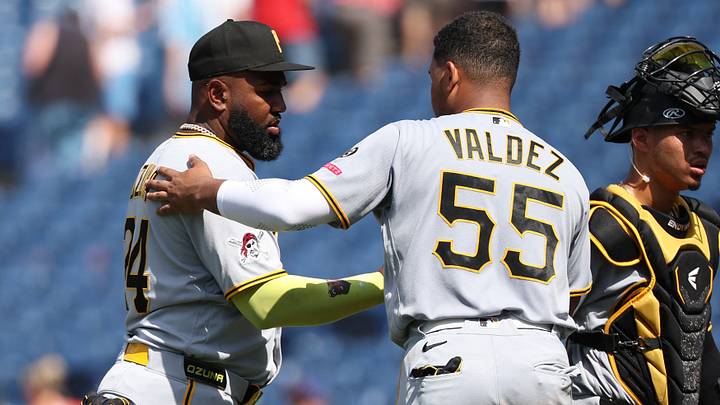 Jul 2, 2026; Philadelphia, Pennsylvania, USA; Pittsburgh Pirates designated hitter Marcell Ozuna (24) and right fielder Esmerlyn Valdez (55) shake hands after a win against the Philadelphia Phillies at Citizens Bank Park. Mandatory Credit: Bill Streicher-Imagn Images Jul 2, 2026; Philadelphia, Pennsylvania, USA; Pittsburgh Pirates designated hitter Marcell Ozuna (24) and right fielder Esmerlyn Valdez (55) shake hands after a win against the Philadelphia Phillies at Citizens Bank Park. Mandatory Credit: Bill Streicher-Imagn Images