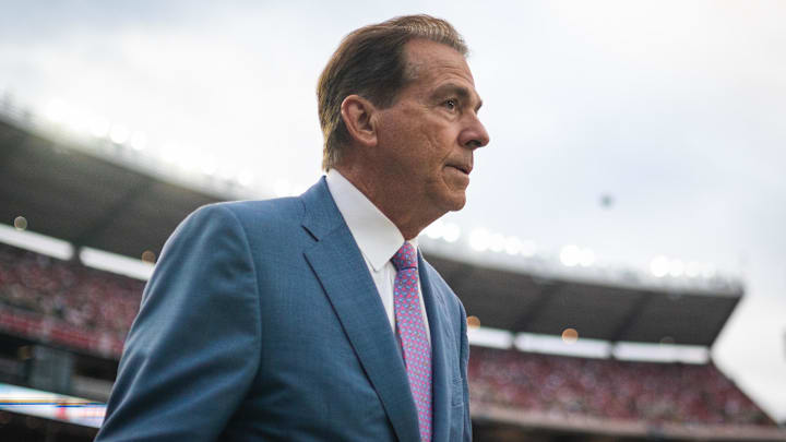 Sep 28, 2024; Tuscaloosa, Alabama, USA; Former Alabama Crimson Tide head coach Nick Saban walks onto the field before a game between the Crimson Tide and Georgia Bulldogs at Bryant-Denny Stadium. Mandatory Credit: Will McLelland-Imagn Images