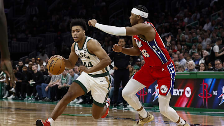 Feb 27, 2024; Boston, Massachusetts, USA; Boston Celtics guard Jaden Springer (44) drives on Philadelphia 76ers guard Ricky Council IV (16) during the second half at TD Garden. Mandatory Credit: Winslow Townson-USA TODAY Sports