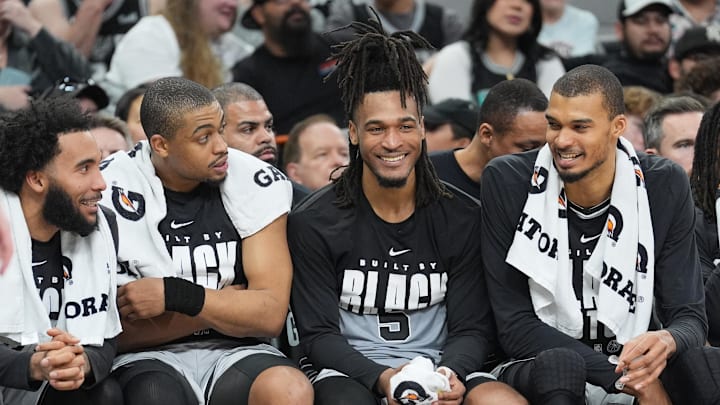 Feb 7, 2026; San Antonio, Texas, USA; San Antonio Spurs guard Stephon Castle (5) on the bench during the second half against the Dallas Mavericks at Frost Bank Center.