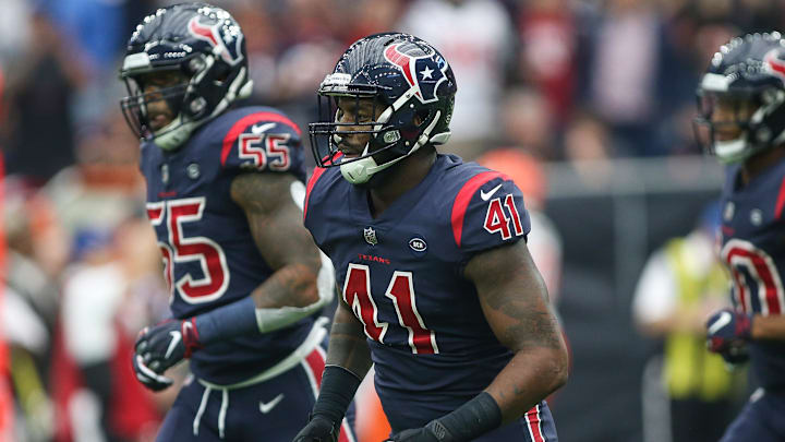 Dec 2, 2018; Houston, TX, USA; Houston Texans inside linebacker Zach Cunningham (41) runs off the field after scoring a touchdown during the game against the Cleveland Browns at NRG Stadium. 
