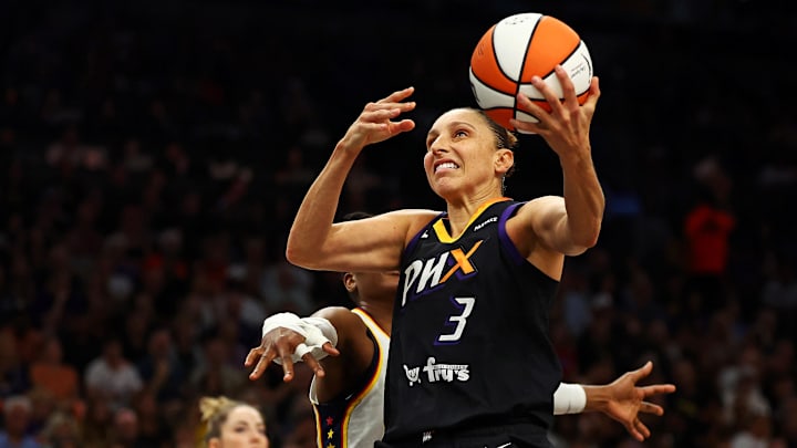 Jun 30, 2024; Phoenix, Arizona, USA; Phoenix Mercury guard Diana Taurasi (3) shoots the ball during the second half of the game against the Indiana Fever at Footprint Center. Mandatory Credit: Mark J. Rebilas-Imagn Images