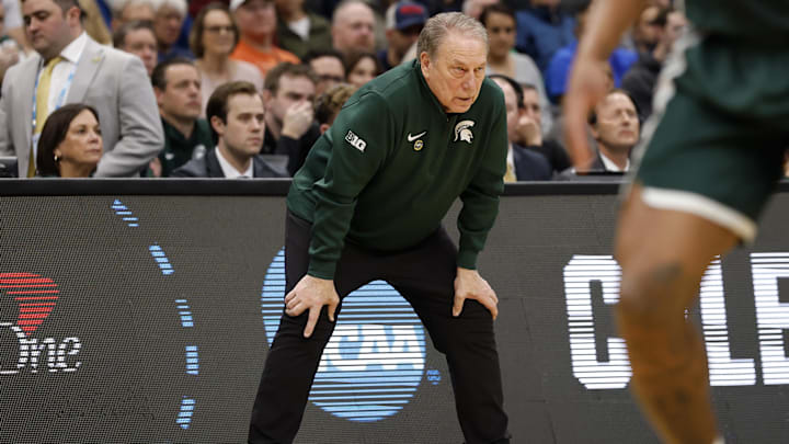 Mar 27, 2026; Washington, DC, USA; Michigan State Spartans head coach Tom Izzo in the first half during a Sweet Sixteen game of the East Regional of the men's 2026 NCAA Tournament at Capital One Arena. Mandatory Credit: Geoff Burke-Imagn Images