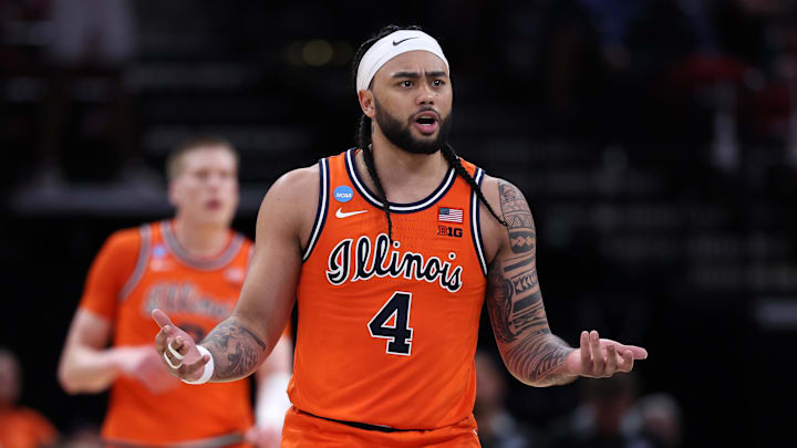 Mar 26, 2026; Houston, TX, USA; Illinois Fighting Illini guard Kylan Boswell (4) reacts against the Houston Cougars in the first half during a Sweet Sixteen game of the South Regional of the men's 2026 NCAA Tournament at Toyota Center. Mandatory Credit: Troy Taormina-Imagn Images Mar 26, 2026; Houston, TX, USA; Illinois Fighting Illini guard Kylan Boswell (4) reacts against the Houston Cougars in the first half during a Sweet Sixteen game of the South Regional of the men's 2026 NCAA Tournament at Toyota Center. Mandatory Credit: Troy Taormina-Imagn Images
