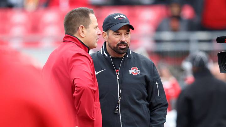 Nov 23, 2024; Columbus, Ohio, USA;  Ohio State Buckeyes head coach Ryan Day(right) and Indiana Hoosiers head coach Curt Cignetti meet at midfield before the game at Ohio Stadium. Mandatory Credit: Joseph Maiorana-Imagn Images
