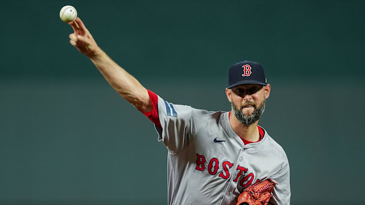 Aug 7, 2024; Kansas City, Missouri, USA; Boston Red Sox relief pitcher Chris Martin (55) warms up during the eighth inning against the Kansas City Royals at Kauffman Stadium. Mandatory Credit: Jay Biggerstaff-Imagn Images