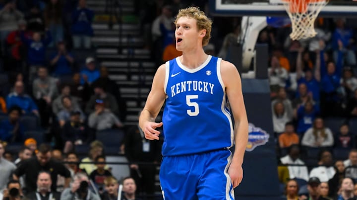 Mar 12, 2026; Nashville, TN, USA;  Kentucky Wildcats guard Collin Chandler (5) reacts after a made three point basket against the Missouri Tigers during the second half at Bridgestone Arena. Mandatory Credit: Steve Roberts-Imagn Images