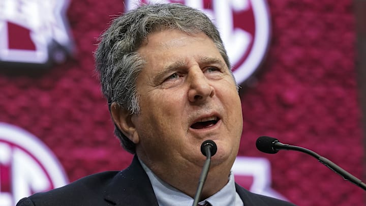 Jul 19, 2022; Atlanta, GA, USA; Mississippi State head coach Mike Leach shown on the stage during SEC Media Days at the College Football Hall of Fame. Mandatory Credit: Dale Zanine-Imagn Images