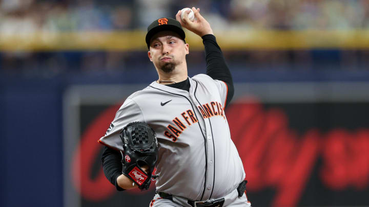 Apr 14, 2024; St. Petersburg, Florida, USA;  San Francisco Giants pitcher Blake Snell (7) throws a pitch against the Tampa Bay Rays in the first inning at Tropicana Field