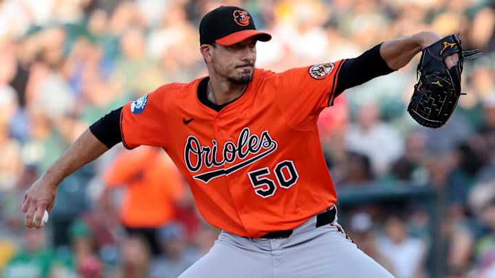 Jun 7, 2025; West Sacramento, California, USA; Baltimore Orioles starting pitcher Charlie Morton (50) throws a pitch against the Athletics during the first inning at Sutter Health Park.