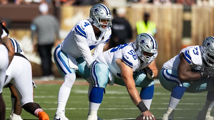 Dallas Cowboys quarterback Dak Prescott lines up behind center Cooper Beebe for the snap during the first quarter against the Cleveland Browns at Huntington Bank Field. Dallas Cowboys quarterback Dak Prescott lines up behind center Cooper Beebe for the snap during the first quarter against the Cleveland Browns at Huntington Bank Field.