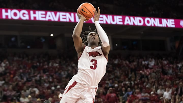 Feb 12, 2025; Fayetteville, Arkansas, USA;  Arkansas Razorbacks forward Adou Thiero (3) goes up for a shot during the second half against the LSU Tigers at Bud Walton Arena. Arkansas won 70-58. Mandatory Credit: Brett Rojo-Imagn Images