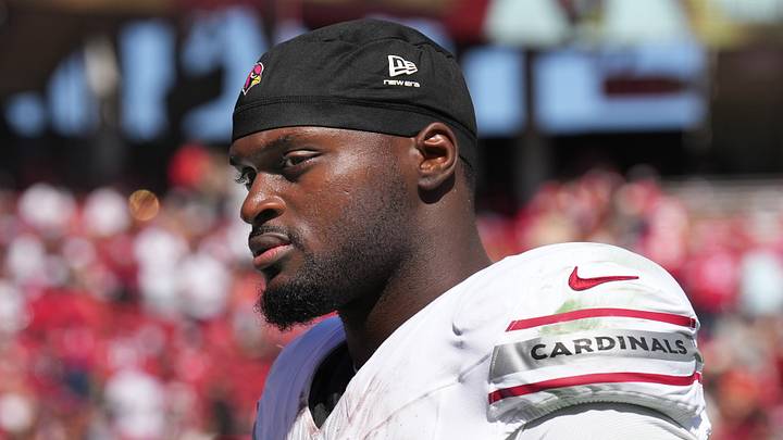 Sep 27, 2026; Santa Clara, California, USA; Arizona Cardinals running back Jeremiyah Love (4) during halftime against the San Francisco 49ers at Levi's Stadium. Mandatory Credit: Darren Yamashita-Imagn Images