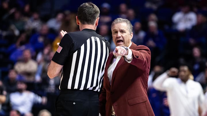 Jan 14, 2025; Baton Rouge, Louisiana, USA;  Arkansas Razorbacks head coach John Calipari points a foul out to the referee against the LSU Tigers during the second half at Pete Maravich Assembly Center. Mandatory Credit: Stephen Lew-Imagn Images