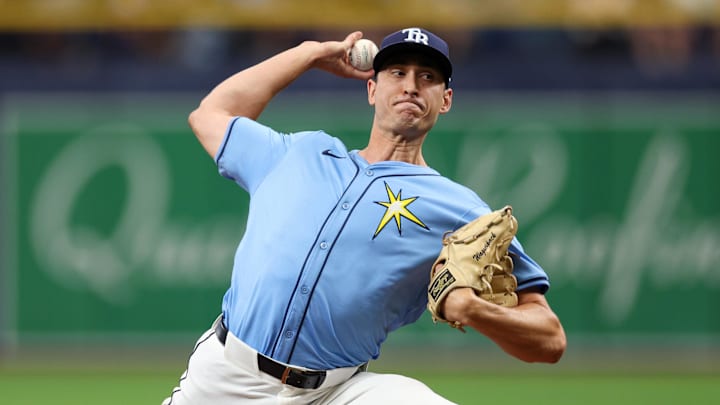 Mar 31, 2024; St. Petersburg, Florida, USA; Tampa Bay Rays starting pitcher Jacob Waguespack (40) throws a pitch against the Toronto Blue Jays in the seventh inning at Tropicana Field. Mandatory Credit: Nathan Ray Seebeck-Imagn Images Mar 31, 2024; St. Petersburg, Florida, USA; Tampa Bay Rays starting pitcher Jacob Waguespack (40) throws a pitch against the Toronto Blue Jays in the seventh inning at Tropicana Field. Mandatory Credit: Nathan Ray Seebeck-Imagn Images