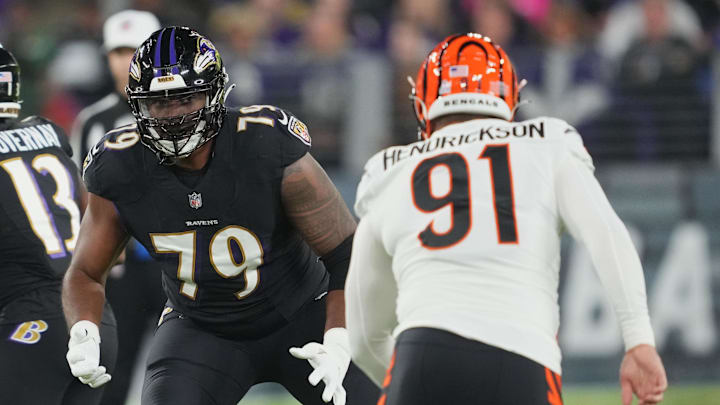 Oct 9, 2022; Baltimore, Maryland, USA; Baltimore Ravens tackle Ronnie Stanley (79) blocks Cincinnati Bengals defensive end Trey Hendricksen (91 in the first quarter at M&T Bank Stadium. Mandatory Credit: Mitch Stringer-Imagn Images