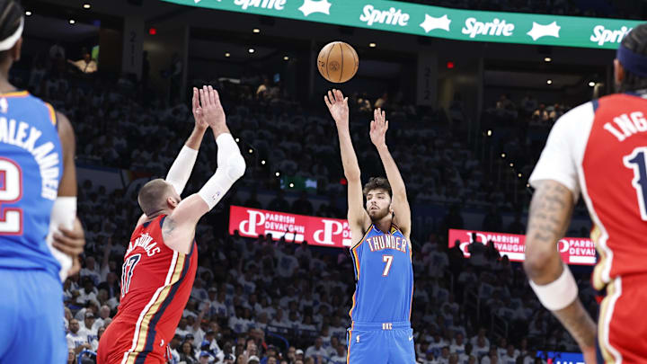 Apr 24, 2024; Oklahoma City, Oklahoma, USA; Oklahoma City Thunder forward Chet Holmgren (7) shoots Apr 24, 2024; Oklahoma City, Oklahoma, USA; Oklahoma City Thunder forward Chet Holmgren (7) shoots