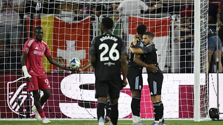 Jul 30, 2025; St. Louis, Missouri, USA; Aston Villa forward Ollie Watkins (11) in congratulated after scoring a goal against St. Louis City in the second half at Energizer Park. Mandatory Credit: Joe Puetz-Imagn Images